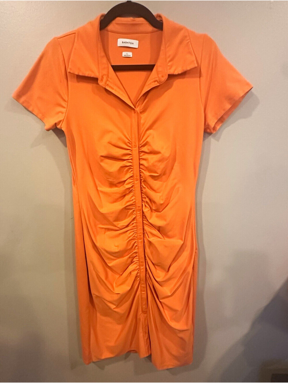 Babaton Aritzia Orange Ruched Stretch Button-Front Collared Cap Sleeve Dress L
